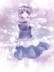Rule 34 | 1girl, bad id, bad pixiv id, blue eyes, blush, breasts, expressionless, female focus, hat, kotonoman, letty whiterock, light purple hair, medium breasts, scarf, short hair, skirt, smile, snow, snowflakes, solo, standing, touhou, white scarf, wind