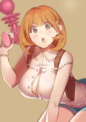 Rule 34 | 10s, 1girl, alternate breast size, bad id, bad pixiv id, blush, breasts, brown background, brown eyes, brown hair, bursting breasts, buttons, cleavage, fiodo, gun, hair ornament, hairclip, heart, heart hair ornament, highres, large breasts, leaning forward, looking at viewer, narusawa ryouka, occultic;nine, open mouth, short hair, simple background, solo, sparkle, unbuttoned, weapon