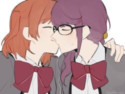 Rule 34 | 2girls, aijou karen, artist name, bow, bowtie, closed eyes, closed mouth, commentary, english commentary, glasses, grey jacket, hand on another&#039;s shoulder, haruka 3442, highres, hoshimi junna, jacket, kiss, multiple girls, orange hair, purple hair, red bow, red bowtie, seishou music academy uniform, shirt, shoujo kageki revue starlight, simple background, sweatdrop, two side up, upper body, white background, white shirt, yuri