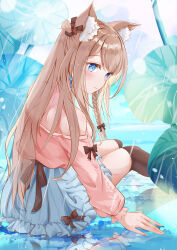 Rule 34 | 1girl, animal ear fluff, animal ears, black bow, blue eyes, blue skirt, blush, bow, braid, brown bow, brown hair, brown socks, cat ears, commentary request, earrings, frilled skirt, frills, highres, jewelry, long hair, long sleeves, mutang, off-shoulder shirt, off shoulder, original, over-kneehighs, parted lips, pink shirt, puffy long sleeves, puffy sleeves, rain, reflection, shirt, sitting, skirt, socks, solo, thighhighs, very long hair, water