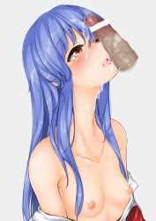 Rule 34 | 1girl, bad anatomy, bar censor, blue hair, blush, breasts, censored, clothes pull, collarbone, cum, cum in mouth, cum on hair, facial, fellatio, highres, hinanawi tenshi, long hair, md5 mismatch, momo retasu, nipples, one eye closed, oral, penis, penis on face, penis over one eye, resolution mismatch, shirt pull, small breasts, source smaller, tongue, tongue out, topless, touhou, upper body, very long hair