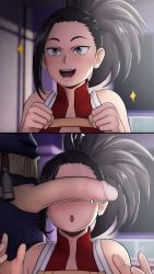 Rule 34 | 1boy, 1girl, 3d, bad id, bad pixiv id, bare shoulders, black eyes, black hair, blouse, blue shirt, blush, boku no hero academia, covered eyes, derivative work, erection, excited, greatm8, highres, long hair, open mouth, penis, penis on face, penis over eyes, ponytail, second-party source, shirt, sleeveless, smile, todoroki shouto, uncensored, yaoyorozu momo