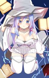 Rule 34 | 1girl, blue eyes, blue hair, blush, book, breasts, dot nose, hat, highres, raion (inoueraion), rilliona the magistus of verre, solo, tagme, thighhighs, thighs, white thighhighs, yu-gi-oh!