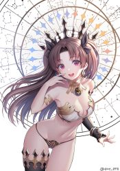 Rule 34 | 1girl, :d, anklet, asymmetrical legwear, asymmetrical sleeves, bad id, bad twitter id, bare shoulders, black hair, blush, breasts, bridal gauntlets, choker, crown, detached collar, earrings, eat 8971, elbow gloves, fate/grand order, fate (series), glint, gloves, hair ribbon, hand up, highres, hoop earrings, ishtar (fate), jewelry, long hair, looking at viewer, medium breasts, navel, open mouth, parted bangs, red eyes, ribbon, single elbow glove, single thighhigh, smile, solo, stomach, thighhighs, twitter username, two side up, uneven legwear, uneven sleeves