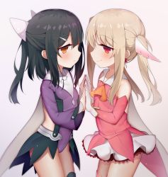 Rule 34 | absurdres, black hair, breasts, commentary request, elbow gloves, fate/kaleid liner prisma illya, fate (series), feather hair ornament, feathers, gloves, hair ornament, hairclip, highres, holding hands, illyasviel von einzbern, leotard, long hair, looking at viewer, magical girl, miyu edelfelt, multiple girls, purple legwear, red eyes, shiny skin, simple background, skirt, small breasts, smile, standing, tomo (ryo i so ), twintails, white hair, yellow eyes
