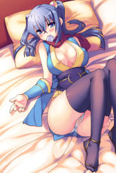 Rule 34 | 1girl, areola slip, bed, black thighhighs, blue eyes, blue hair, breasts, cameltoe, cleavage, condom, condom in mouth, covered erect nipples, detached sleeves, from above, hair bobbles, hair ornament, japanese clothes, kunai uri, large breasts, legs, long hair, long legs, lying, matching hair/eyes, mouth hold, naughty face, ninja, ninja (ragnarok online), nipple slip, nipples, no bra, obi, on back, panties, pantyshot, pillow, ponytail, pussy juice, ragnarok online, sandals, sash, scarf, see-through, side ponytail, solo, sweat, thighhighs, underwear, wet, wet clothes, wet panties, white panties