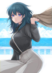 Rule 34 | 1girl, absurdres, alternate costume, banned artist, black shirt, blue eyes, blue hair, breasts, byleth (female) (fire emblem), byleth (fire emblem), commentary request, contemporary, fire emblem, fire emblem: three houses, grey pants, highres, large breasts, long hair, long sleeves, looking at viewer, nintendo, pants, shimizu akina, shirt, smile, solo, suspenders