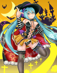 Rule 34 | 1girl, aqua eyes, aqua hair, bat (animal), belt, breasts, cape, cleavage, collar, crescent moon, cross, detached sleeves, halloween, hat, hatsune miku, jewelry, kishimen, long hair, medossa, moon, necklace, pointing, pumpkin, pussy, pussy peek, skirt, solo, star (symbol), striped, thighhighs, twintails, upskirt, very long hair, vocaloid, witch hat