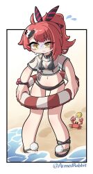 Rule 34 | absurdres, ahoge, armedrabbit, artist name, bikini, black bikini, border, bracelet, breasts, candy, closed mouth, collar, collarbone, commentary, commission, crab, disgust, dog tags, english commentary, food, full body, girls&#039; frontline, hair ornament, hair ribbon, highres, holding, holding candy, holding food, holding lollipop, innertube, jewelry, lollipop, looking down, medium breasts, mp7 (girls&#039; frontline), mp7 (lollipop ammo) (girls&#039; frontline), navel, nervous sweating, ponytail, red hair, ribbon, sand, sandals, see-through, see-through shirt, short sleeves, striped innertube, striped ribbon, sweat, swim ring, swimsuit, water, yellow eyes