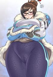 Rule 34 | 1girl, beads, breasts, brown hair, cameltoe, cleft of venus, clothes lift, fur trim, glasses, hair bun, hair ornament, hair stick, jacket, large breasts, mei (overwatch), overwatch, overwatch 1, plump, shirt lift, single hair bun, solo, taka-michi, thick thighs, thighs