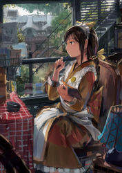 Rule 34 | 1girl, absurdres, apron, bowl, braid, brown eyes, brown hair, building, chair, city, clipboard, dlkdhy, dress, earrings, expressionless, from side, hair ribbon, highres, holding, holding pen, indoors, japanese clothes, jewelry, lamp, long sleeves, looking away, maid, maid apron, maid headdress, mascot, original, pen, personification, ponytail, ribbon, sidelocks, sitting, solo, stairs, table, tablecloth, wa maid, window, yellow dress, yukico-tan, yukijirushi