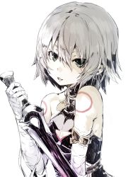 Rule 34 | 1girl, bandages, bandaged arm, bandages, bare shoulders, commentary, fate/apocrypha, fate (series), holding, holding knife, holding weapon, jack the ripper (fate/apocrypha), knife, scar, scar across eye, scar on face, short hair, silver hair, solo, sumisu (mondo), weapon, white background