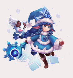 Rule 34 | 1girl, animal ears, blue coat, blue eyes, blue hair, blue headwear, blush, braid, brown gloves, closed mouth, coat, creature, dark blue hair, erementa, flying, fur-trimmed sleeves, fur trim, gem, gloves, grey background, hat, holding, holding staff, horns, league of legends, long hair, lulu (league of legends), orb, poro (league of legends), saliva, signature, simple background, smile, snowflake background, staff, tongue, tongue out, very long hair, wings, winter clothes, winter coat, winter wonder lulu
