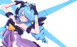 Rule 34 | 1girl, ahoge, arms up, bare shoulders, black dress, black gloves, blue eyes, blue hair, bow, bowtie, breasts, cleavage, collarbone, detached sleeves, dress, drill hair, frilled dress, frills, gloves, green background, grey dress, grin, gwen (league of legends), highres, holding sewing needle, large breasts, league of legends, monakan japan, pink bow, pink bowtie, purple bow, purple bowtie, smile, solo, strapless, strapless dress, teeth, twin drills, twintails, white background