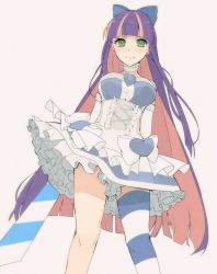 Rule 34 | 10s, 1girl, bow, choker, closed mouth, colored inner hair, corset, dress, green eyes, hair bow, heart, hrmnas, long hair, looking at viewer, multicolored hair, panty &amp; stocking with garterbelt, petticoat, pink hair, purple background, purple hair, simple background, single thighhigh, solo, standing, stocking (psg), striped clothes, striped thighhighs, sword, thighhighs, thighs, two-tone hair, very long hair, weapon, white dress