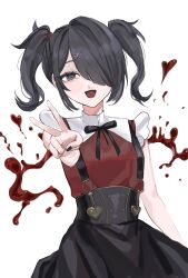 Rule 34 | 1girl, :d, aegyo sal, ame-chan (needy girl overdose), arm at side, black eyes, black hair, black nails, black ribbon, black skirt, blood, blood splatter, collared shirt, hair ornament, hair over one eye, hair tie, hairclip, hand up, highres, long hair, looking at viewer, nail polish, neck ribbon, needy girl overdose, open mouth, red shirt, ribbon, sanmanako, shirt, shirt tucked in, skirt, smile, solo, standing, suspender skirt, suspenders, twintails, v, white background, x hair ornament