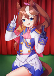 Rule 34 | 1girl, animal ears, ascot, black gloves, blue eyes, brown hair, buttons, cape, cowboy shot, curtains, double-breasted, double v, epaulettes, gloves, hair ribbon, highres, horse ears, horse girl, horse tail, jacket, jacy, long hair, looking at viewer, multicolored clothes, multicolored hair, multicolored jacket, open mouth, pleated skirt, ponytail, ribbon, round teeth, single epaulette, skirt, smile, solo, streaked hair, tail, teeth, tokai teio (umamusume), two-tone jacket, umamusume, uniform, upper teeth only, v, white gloves, white hair