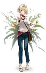 Rule 34 | 1girl, absurdres, alice margatroid, alternate costume, bag, bangle, blonde hair, blue pants, bottle, bracelet, breasts, casual, commentary request, contemporary, denim, earrings, floral print, full body, green eyes, hair between eyes, hairband, highres, holding, holding bottle, jewelry, looking at viewer, lumo 1121, medium breasts, open mouth, pants, red hairband, red neckwear, sandals, shirt, short hair, shoulder bag, simple background, smile, solo, standing, stud earrings, touhou, white background, white shirt, wide sleeves
