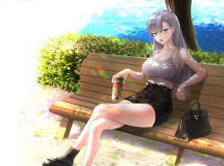 Rule 34 | 1girl, absurdres, bench, black footwear, black shorts, boots, breasts, can, cross-laced footwear, ear piercing, green eyes, grey hair, hair ornament, hairclip, highres, holding, holding can, huge filesize, large breasts, long hair, original, park bench, piercing, rayu (snowwhite ki), short shorts, shorts, sitting, solo, sports bra