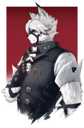 Rule 34 | 1boy, absurdres, black eyes, black gloves, black hair, black vest, character request, cropped torso, diaoxian kuangmo, fingerless gloves, fur, furry, furry male, gloves, grey hair, highres, jewelry, male focus, multicolored hair, multiple rings, profile, ring, shirt, short sleeves, simple background, solo, upper body, vest, von lycaon, white shirt, zenless zone zero