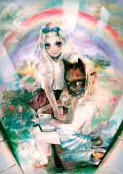 Rule 34 | 2girls, bare legs, bench, blonde hair, blouse, blue bow, blue ribbon, blue skirt, book, bookmark, bow, brown eyes, brown footwear, buckle, cat girl, cat mask, cat tail, closed mouth, cloud, cloudy sky, collared shirt, commentary, flower, food, fork, from above, full body, hair over shoulder, hairband, hill, legs together, lily pad, lips, long hair, looking at viewer, looking to the side, mary janes, mask, miniskirt, mirror, multiple girls, nature, open book, own hands clasped, own hands together, plant, plate, pleated skirt, puffy short sleeves, puffy sleeves, rainbow, red eyes, red flower, red skirt, ribbon, shirt, shirt tucked in, shoes, short sleeves, signpost, sitting, skirt, sky, smile, socks, standing, strap, striped bow, striped clothes, striped skirt, tail, tomatika, tray, tree, turning page, water, wavy hair, whiskers, white legwear, white ribbon, white shirt, wing collar