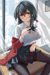 Rule 34 | 1girl, absurdres, ahoge, azur lane, black bow, black bowtie, black hair, black skirt, blush, bow, bowtie, bra visible through clothes, breasts, brown pantyhose, cellphone, clothes lift, collared shirt, crossed bangs, curtains, day, dress shirt, glasses, hand up, highres, huge ahoge, indoors, jacket, large breasts, lifted by self, long hair, long sleeves, looking at viewer, off shoulder, official alternate costume, open clothes, open jacket, panties, panties under pantyhose, pantyhose, parted lips, phone, pleated skirt, red eyes, red jacket, round eyewear, school uniform, shirt, sidelocks, signature, sitting, skirt, skirt lift, smartphone, solo, taihou (azur lane), taihou (sweet time after school) (azur lane), thighband pantyhose, underwear, unique (pixiv12704744), white shirt, window