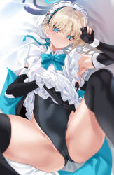Rule 34 | 1girl, armpits, black gloves, black one-piece swimsuit, black thighhighs, blonde hair, blue archive, blue bow, blue eyes, bow, cle masahiro, clothes lift, dress, dress lift, elbow gloves, frilled dress, frills, gloves, hand under clothes, highres, looking at viewer, lying, maid headdress, on back, on bed, one-piece swimsuit, partially fingerless gloves, short hair, solo, swimsuit, swimsuit under clothes, thighhighs, toki (blue archive), w