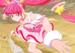 Rule 34 | 1girl, ahoge, blunt bangs, breasts, choker, collarbone, cure star, dress, earrings, fuchi (nightmare), hair ornament, hoshina hikaru, jewelry, long hair, looking at viewer, magical girl, outdoors, parted lips, pink choker, pink dress, pink eyes, pink hair, planet hair ornament, precure, small breasts, solo, star (symbol), star choker, star hair ornament, star twinkle precure, twintails