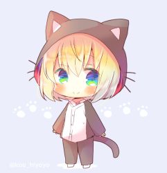 Rule 34 | 1girl, animal ears, animal hood, azur lane, bataan (azur lane), bataan (comfy cotton jammies) (azur lane), black jacket, black pants, blonde hair, blue background, blue eyes, blush, cat ears, cat hood, cat tail, chibi, closed mouth, commentary request, fake animal ears, full body, green eyes, hair between eyes, hood, hood down, hooded jacket, jacket, kou hiyoyo, multicolored eyes, no shoes, pants, paw print, paw print background, sidelocks, smile, socks, solo, standing, tail, twitter username, whiskers, white socks