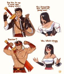 Rule 34 | 1boy, 1girl, abs, armpits, artist name, bag, bara, belt, black hair, blood, blouse, blush, collared jacket, elbow gloves, flexing, gauntlets, gloves, headgear, highres, horns, jacket, jewelry, large pectorals, long hair, meme, mondoart, muscular, muscular male, navel, nipples, nosebleed, original, pants, pectorals, red eyes, ring, scar, scar on face, shirt, smile, sparkling eyes, sword, text focus, thick arms, thick eyebrows, topless, topless male, weapon