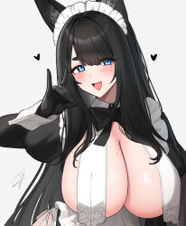 Rule 34 | 1girl, :d, ;d, animal ears, black-haired fox girl (hayabusa), black bow, black bowtie, black gloves, blue eyes, blush, bow, bowtie, breast curtains, breasts, cleavage, commentary request, fox shadow puppet, frills, gloves, grey background, hand up, hayabusa (vert 320), heart, highres, huge breasts, looking at viewer, maid headdress, mole, mole on breast, mole under eye, one eye closed, open mouth, original, paid reward available, signature, simple background, smile, solo, upper body, white headwear