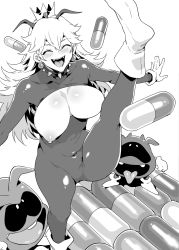 Rule 34 | 1girl, blush, bodysuit, boots, breastless clothes, breasts, breasts apart, breasts out, collar, covered navel, crown, earrings, closed eyes, fangs, gloves, greyscale, groin, hair between eyes, happy, highres, horns, jewelry, large breasts, leg up, legs, long hair, looking up, mario (series), mizuryu kei, monochrome, nintendo, nipples, open mouth, outstretched arms, pill, princess peach, simple background, size difference, smile, spiked collar, spikes, standing, standing on one leg, thighs, tongue, wavy hair, white background
