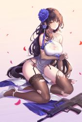 Rule 34 | 1girl, 3:, absurdres, assault rifle, bad id, bad twitter id, bare shoulders, black thighhighs, breast hold, breasts, brown gloves, brown hair, brown thighhighs, bullpup, china dress, chinese clothes, cleavage, dress, elbow gloves, fingerless gloves, flower, garter belt, garter straps, girls&#039; frontline, gloves, gradient background, gun, hair flower, hair ornament, highres, large breasts, long hair, looking at viewer, mole, mole under eye, official alternate costume, panties, pelvic curtain, petals, peulopi, qbz-95, ribbon, rifle, side-tie panties, side slit, simple background, sitting, solo, string panties, thighhighs, torn clothes, torn dress, torn thighhighs, turtleneck, type 95 (girls&#039; frontline), type 95 (narcissus) (girls&#039; frontline), underwear, very long hair, weapon, white dress, white panties, wrist ribbon, yellow eyes, yokozuwari