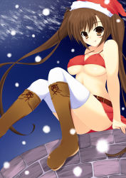 Rule 34 | 1girl, :p, :q, bad id, bad pixiv id, bare shoulders, belt, bikini, bikini top only, boots, bra, breasts, brown eyes, brown hair, christmas, covered erect nipples, hat, large breasts, lingerie, long hair, looking at viewer, navel, no panties, original, red bikini, santa costume, santa hat, sitting, skirt, smile, snow, snowing, solo, swimsuit, thighhighs, tongue, tongue out, twintails, underboob, underwear, very long hair, watanuki kaname, white thighhighs