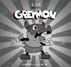 Rule 34 | 1930s (style), :d, alternate costume, artist name, cartoonized, character name, cuphead (game), digimon, digimon (creature), gloves, greymon, greyscale, highres, horns, leon re art, monochrome, no humans, open mouth, parody, shoes, shorts, smile, standing, style parody, tail, tongue, toon (style)