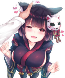 Rule 34 | 1girl, :d, animal ear fluff, animal ears, azur lane, black hair, black kimono, blunt bangs, blush, bow, breasts, brown eyes, cat ears, commander (azur lane), floral print, hand on another&#039;s ear, hand on another&#039;s head, headpat, japanese clothes, kimono, large breasts, long sleeves, looking at viewer, mask, mask on head, obi, open mouth, red bow, sash, short hair, sideboob, simple background, smile, tama satou, white background, yamashiro (azur lane)
