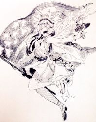 Rule 34 | 1girl, alternate hairstyle, american flag, armpits, bad id, bad twitter id, blonde hair, bracelet, braid, clownpiece, cosplay, dress, fairy wings, fingernails, fire, flag, fuuga (perv rsity), hairband, hat, jewelry, long hair, looking at viewer, looking down, monochrome, nail polish, open mouth, platform footwear, robe, sandals, short dress, sleeveless, smile, solo, spiked helmet, star (symbol), statue of liberty, statue of liberty (cosplay), toga, torch, touhou, very long hair, wings