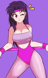 Rule 34 | 1girl, absurdres, alternate costume, breasts, brown eyes, cleavage, closed mouth, commentary, female focus, gluteal fold, headband, highres, jeff miga, katsuragi misato, large breasts, leotard, long hair, looking at viewer, neon genesis evangelion, one eye closed, pantyhose, pink leotard, pink wristband, purple hair, smile, solo, sweat, thighs, wink, wrestling outfit, wristband