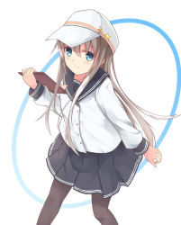 Rule 34 | 10s, 1girl, bad id, bad pixiv id, black pantyhose, blue eyes, hachita (odangoya), hammer and sickle, hat, hibiki (kancolle), highres, kantai collection, long hair, long sleeves, looking at viewer, pantyhose, pleated skirt, revision, school uniform, serafuku, silver hair, skirt, solo, verniy (kancolle)