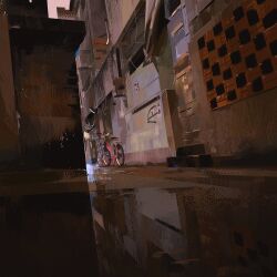 Rule 34 | alley, bicycle, cityscape, commentary, english commentary, graffiti, highres, no humans, original, outdoors, pink sky, puddle, reflection, reflective water, sky, sunset, yun ling
