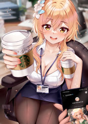 Rule 34 | 1girl, :d, artist name, black skirt, blonde hair, blouse, blurry, blurry background, breasts, brown eyes, brown pantyhose, cellphone, chair, cleavage, coffee cup, collarbone, collared shirt, commentary request, computer, contemporary, cup, depth of field, desk, disposable cup, dress shirt, english text, flower, genshin impact, hair between eyes, hair flower, hair ornament, heart, highres, holding, holding cup, holding phone, lanyard, laptop, lumine (genshin impact), medium breasts, nail polish, office chair, office lady, on chair, open mouth, pantyhose, phone, pink nails, shirt, short sleeves, sitting, skirt, smile, solo focus, squchan, starbucks, starbucks siren, swivel chair, watermark, web address, white flower, white shirt