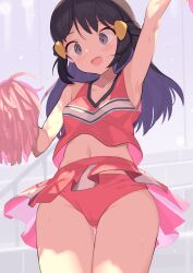 Rule 34 | 1girl, :d, arm up, armpits, black hair, blush, breasts, cameltoe, cheerleader, cleft of venus, commentary request, creatures (company), dawn (pokemon), eyelashes, game freak, grey eyes, hair ornament, hairclip, highres, holding, holding pom poms, long hair, looking down, medium breasts, navel, nintendo, open mouth, panties, pink panties, pink shirt, pink skirt, pokemon, pokemon (anime), pokemon dppt (anime), pom pom (cheerleading), pom poms, shirt, sidelocks, skirt, sleeveless, sleeveless shirt, small breasts, smile, solo, spring2013, sweat, underwear