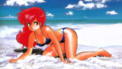 Rule 34 | 1980s (style), 1girl, akaishizawa takashi, all fours, artist name, barefoot, beach, bikini, blue bikini, dated, day, halterneck, halterneck, highres, long hair, magami eiko, ocean, official art, oldschool, outdoors, parted lips, project a-ko, red eyes, red hair, retro artstyle, side-tie bikini bottom, solo, swimsuit, traditional media, water