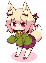 Rule 34 | 1girl, animal ear fluff, animal ears, bell, blonde hair, blush, chibi, closed mouth, collar, fox ears, fox tail, full body, looking at viewer, naga u, neck bell, original, pink eyes, red skirt, sandals, short hair, skirt, sleeves past wrists, solo, tail, thighhighs, white background, white thighhighs, zouri