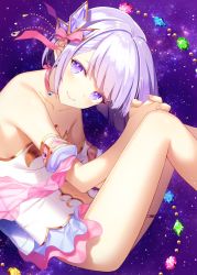 Rule 34 | 1girl, arm garter, bad id, bad pixiv id, bare shoulders, blush, breasts, brooch, chacha rw, choker, closed mouth, clothing cutout, collarbone, commentary, cowboy shot, floating, gem, glint, hair ornament, hair ribbon, jewelry, leotard, light purple hair, looking at viewer, midriff, navel, navel cutout, own hands clasped, own hands together, pink choker, pink ribbon, purple eyes, ribbon, shironeko project, short hair, sky, small breasts, smile, solo, space, star (sky), starry sky, thigh strap, thighs, tina topia, white leotard