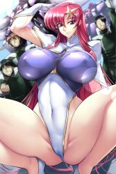 Rule 34 | 1girl, 3boys, absurdres, blue eyes, breasts, cameltoe, clenched hand, covered erect nipples, curvy, faceless, faceless male, gloves, green jacket, gundam, gundam seed, gundam seed destiny, haganef, hair behind ear, hair ornament, highleg, highleg leotard, highres, jacket, large breasts, lens flare, leotard, long hair, looking at viewer, mecha, meer campbell, military, military uniform, mobile suit, multiple boys, one-eyed, pink hair, purple leotard, robot, science fiction, smile, squatting, star (symbol), star hair ornament, thighs, thong leotard, two-tone leotard, uniform, very long hair, white gloves, white leotard, zaku warrior