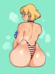 Rule 34 | 1girl, ass, bikini, blonde hair, blue eyes, bo (normie), breasts, commentary, earrings, english commentary, jewelry, large breasts, normie, original, solo, swimsuit, thick thighs, thighs