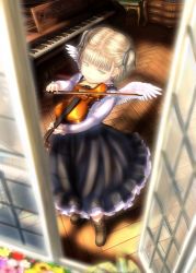 Rule 34 | 1girl, blonde hair, child, dress, green eyes, instrument, looking outside, music, original, piano, playing instrument, sabamu, short hair, short twintails, smile, solo, twintails, violin, window, wings