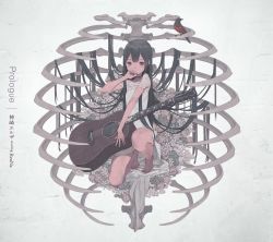 Rule 34 | 1girl, album cover, animal, barefoot, bird, black hair, commentary request, cover, covered mouth, dress, flower, grey background, grey eyes, guitar, hand up, highres, holding, holding instrument, instrument, kanzaki elsa, kuroboshi kouhaku, long hair, official art, on one knee, red flower, red rose, ribs, rose, see-through, short sleeves, solo, sword art online, sword art online alternative: gun gale online, translation request, very long hair, white dress, white flower