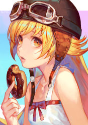 Rule 34 | 1girl, bare shoulders, black headwear, blonde hair, blue background, bow, breasts, collarbone, doughnut, dress, dress bow, eating, flipped hair, food, gradient background, halterneck, hand up, helmet, holding, holding food, hungry clicker, long hair, looking ahead, monogatari (series), motorcycle helmet, open mouth, oshino shinobu, parted lips, pink background, pink lips, red bow, sidelocks, simple background, small breasts, solo, swept bangs, upper body, white dress, yellow eyes